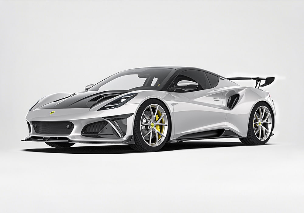 Lotus Emira fitted with a complete Carbon Fiber Aero Kit, enhancing its aerodynamic profile and bold styling