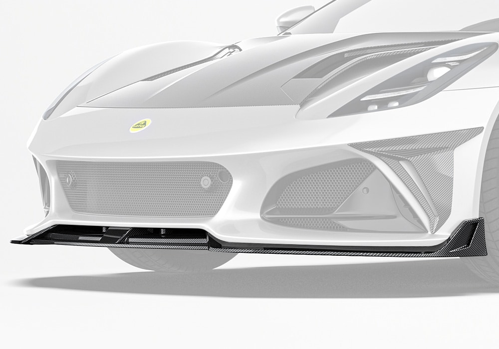 Lotus Emira with a perfectly-installed carbon fiber front lip, showcasing its aerodynamic enhancements and bold styling