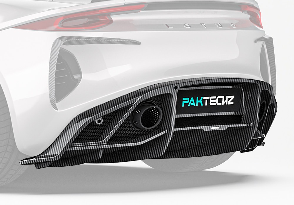 Large rear-angle shot of the Lotus Emira, showcasing the bold and aerodynamic rear diffuser design