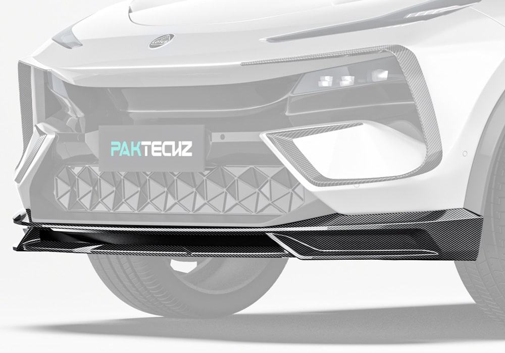 Lotus Eletre featuring the carbon fiber front lip installed, emphasizing its seamless integration and aggressive styling