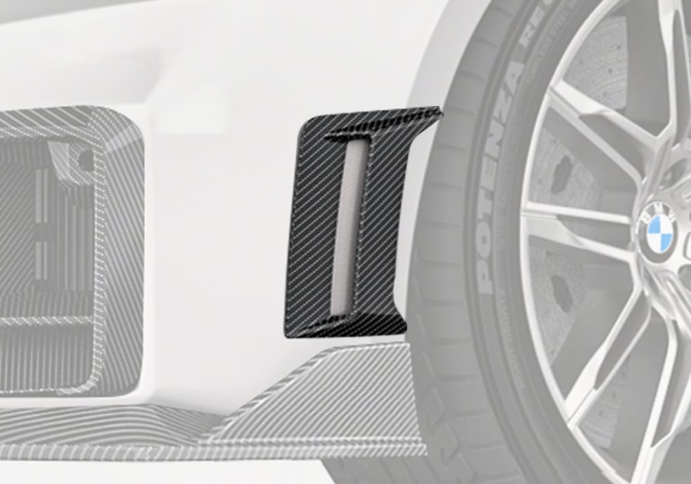 A detailed view showcasing the Carbon Fiber Side Canards integrated seamlessly into the car’s factory design, highlighting their sharp and aggressive styling