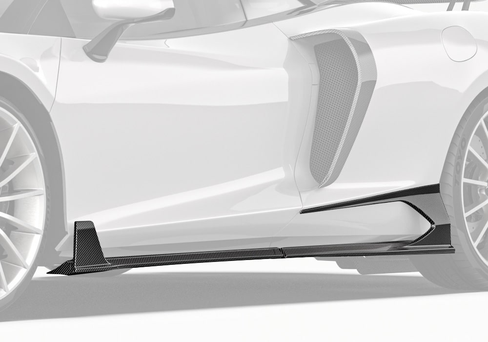 A full side-angle view highlighting the seamless integration and aggressive styling of the carbon fiber side skirts