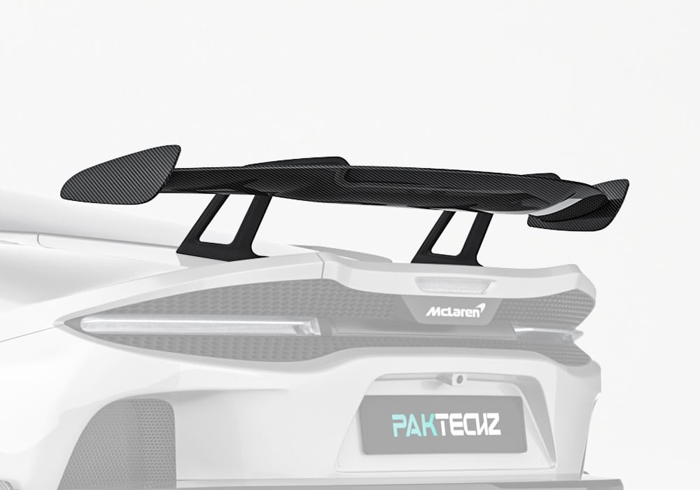 Rear view of McLaren GT showcasing the aggressive styling and seamless integration of the carbon fiber rear spoiler