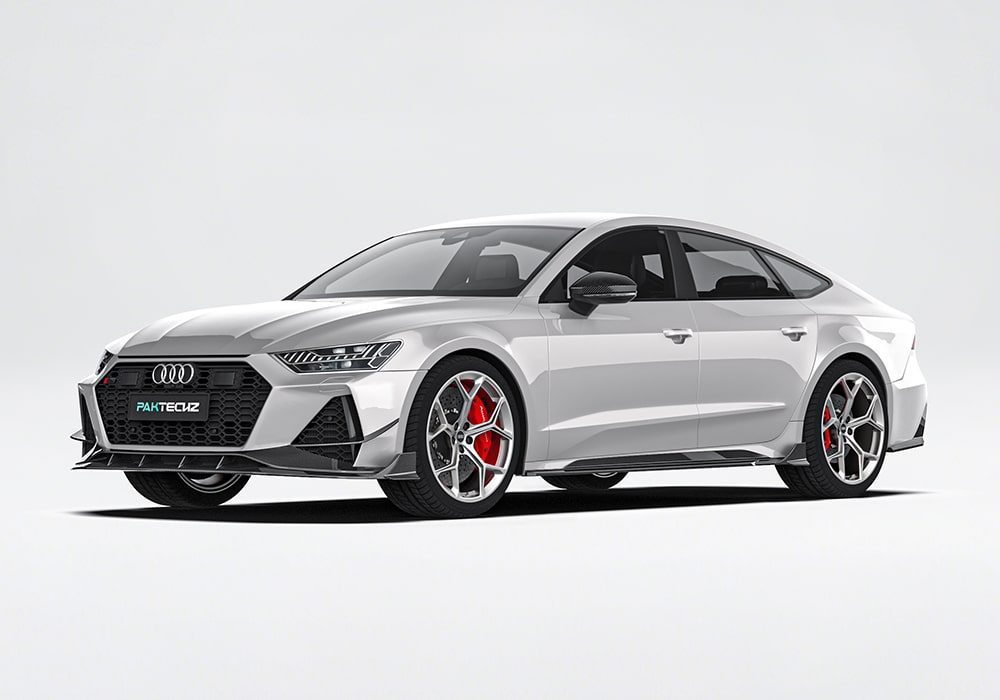 Audi RS7 (C8) showcasing the sleek aerodynamic front splitter, side skirts, and aggressive styling upgrades