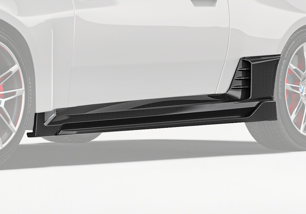 BMW M2 G87 adorned with Carbon Fiber Side Skirts, accentuating sleek contours while integrating seamlessly into the factory lines