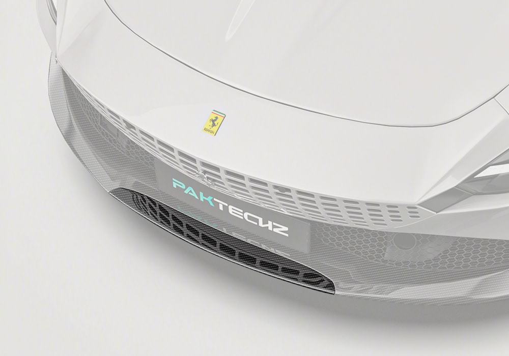 Ferrari Roma front view showcasing Carbon Fiber Front Lip Trims seamlessly integrated onto the bumper