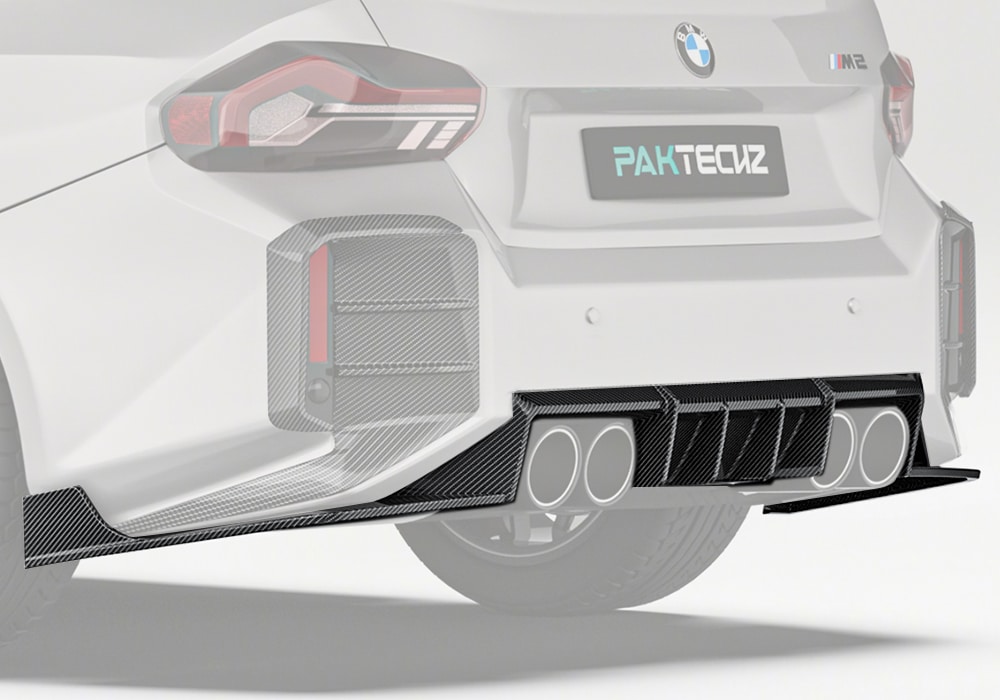 BMW M2 G87 equipped with the Carbon Fiber Rear Diffuser, showcasing its bold styling upgrade and perfect fitment on the rear bumper