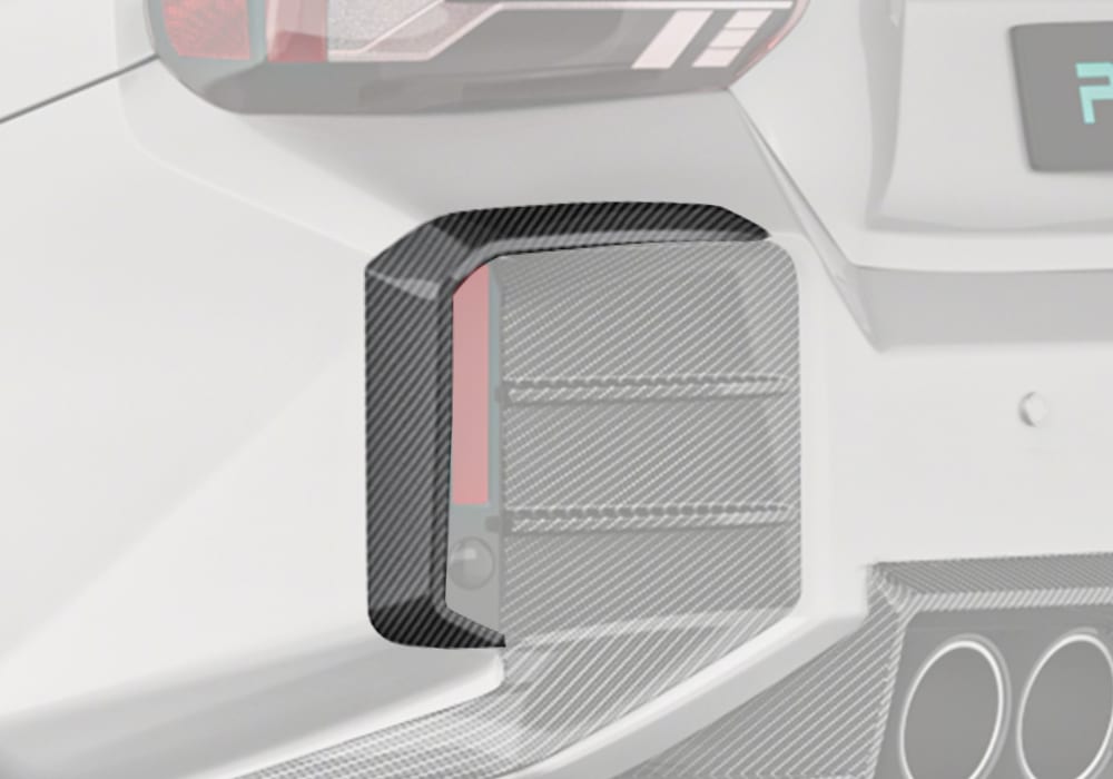 A high-resolution close-up showing the Carbon Fiber Rear Canards in precise alignment with the rear bumper, emphasizing their aggressive, race-inspired contours