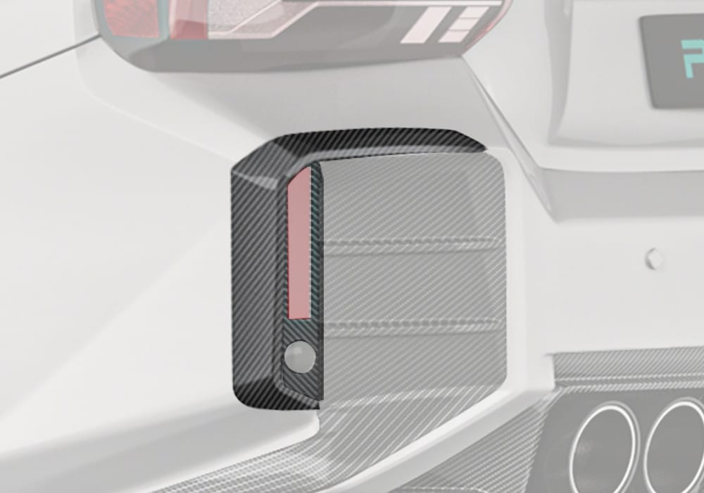 A high-resolution close-up showing the Carbon Fiber Rear Canards in precise alignment with the rear bumper, emphasizing their aggressive, race-inspired contours