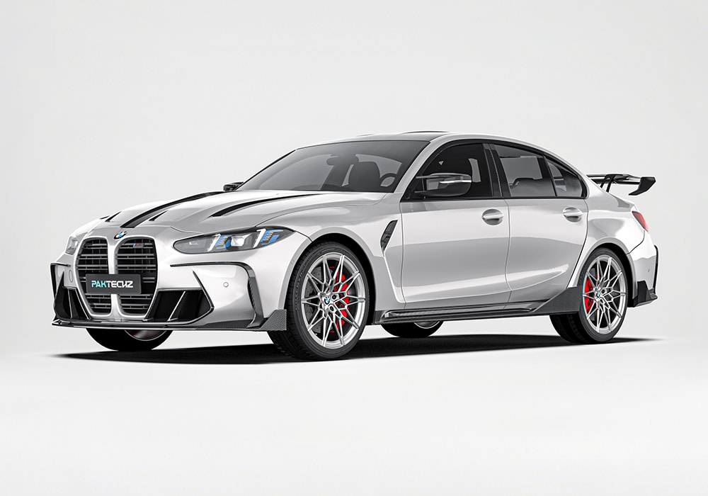 A complete view of the BMW M3 G80 showcasing the installed Carbon Fiber Aero Kit with the front splitter, side skirts, rear diffuser, and trunk spoiler in perfect integration