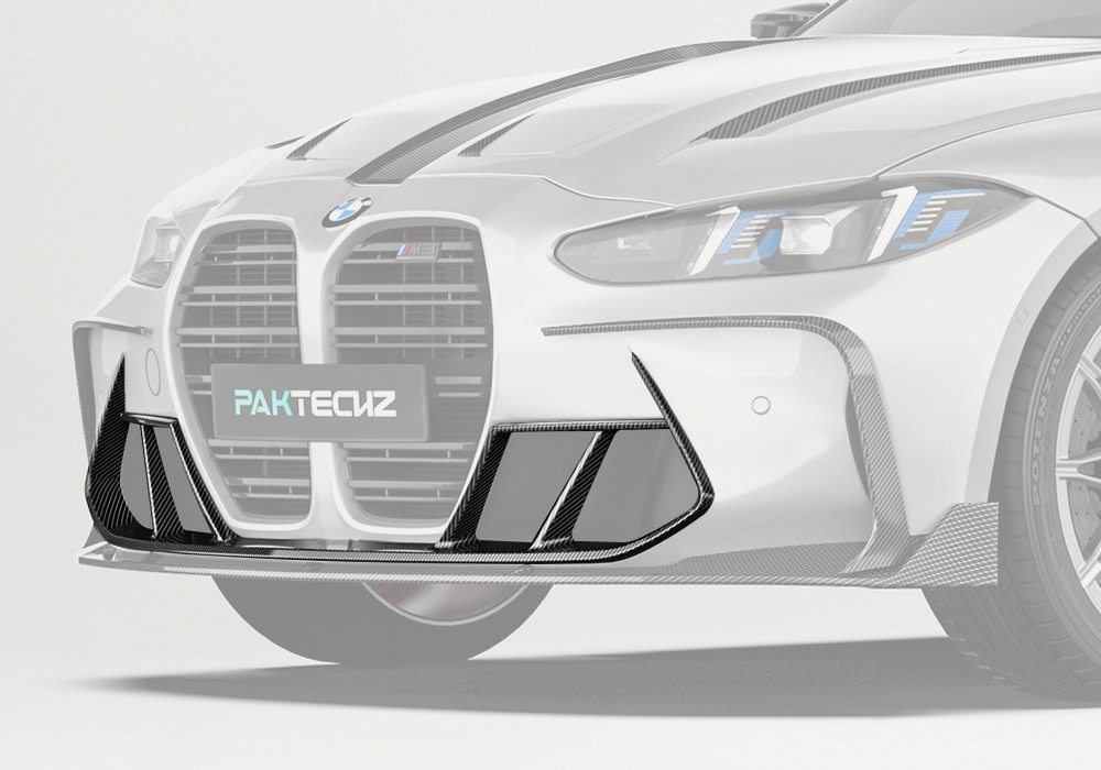 A complete front profile shot of the BMW M3 G80, with the Carbon Fiber Front Vent Trim installed, enhancing the air vent’s edges with a high-end carbon fiber finish