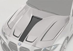A complete front profile of the BMW M3 G80, showcasing the aggressive style and premium carbon hood integrated into the sleek design of the vehicle