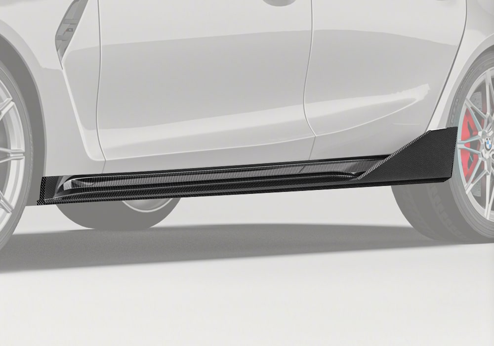 A complete side profile view of the BMW M3 G80 highlighting the seamless integration of the Carbon Fiber Side Skirts for a sharp and aerodynamic appearance