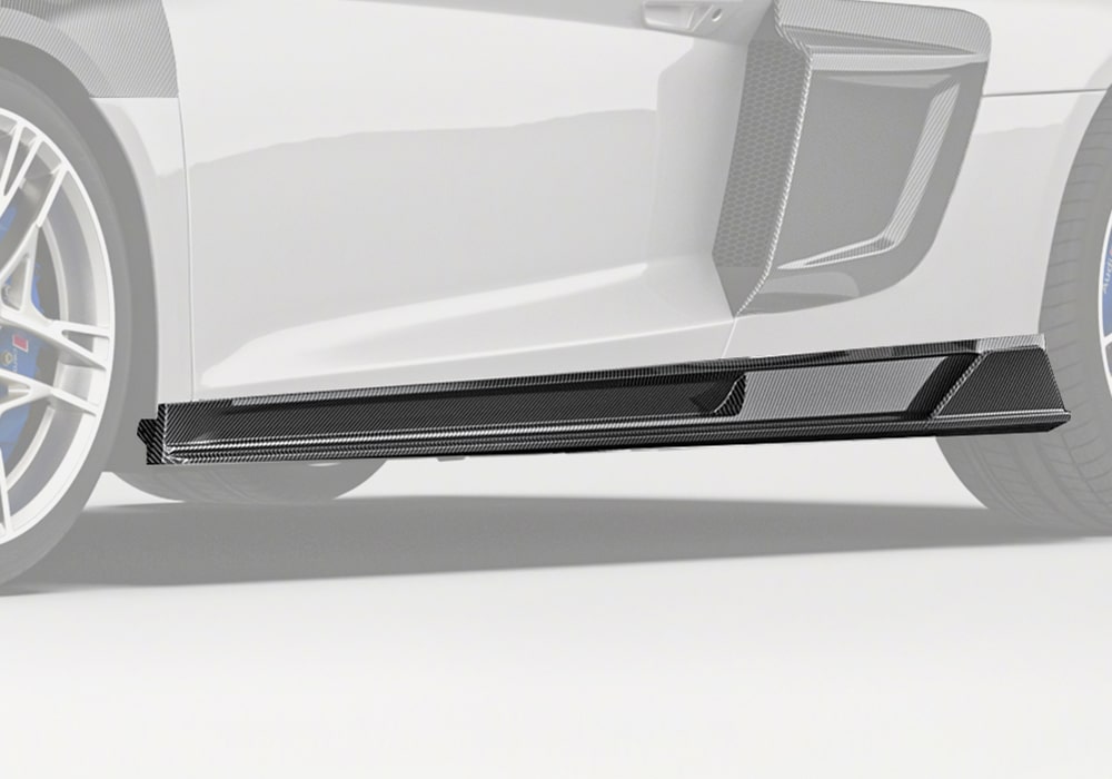 Audi R8 featuring carbon fiber side skirts, showcasing an aggressive low-profile design that visually enhances the vehicle's sporty demeanor