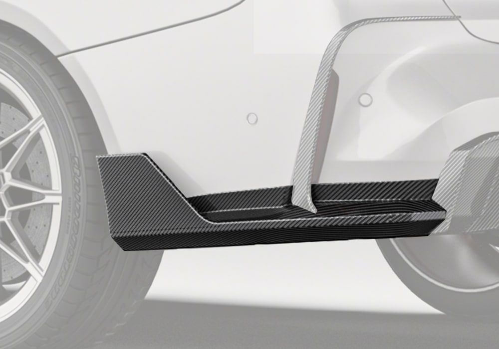 A complete rear-side profile of the BMW M3 G80, showcasing how the Carbon Fiber Rear Side Splitters seamlessly enhance the car’s bold styling and aerodynamics