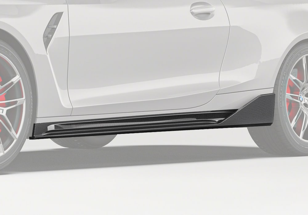 A full side profile shot of the BMW M4 G82, clearly showcasing the sleek integration of the Carbon Fiber Side Skirts with the overall design