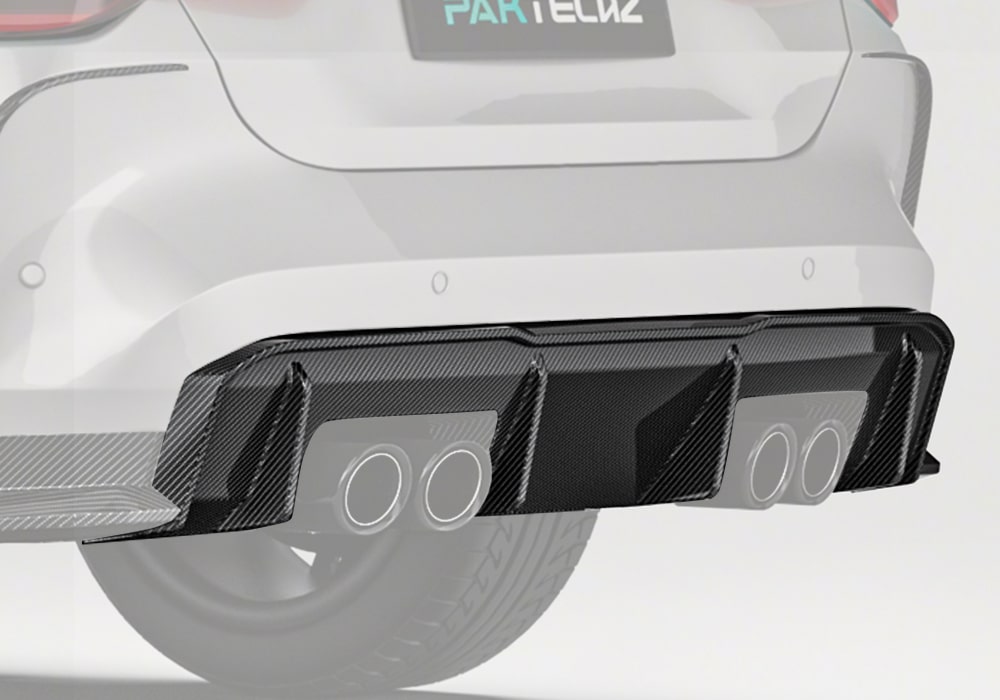 A full rear shot of the BMW M4 G82, showcasing the Carbon Fiber Rear Diffuser as a centerpiece for its bold and aggressive rear-end design