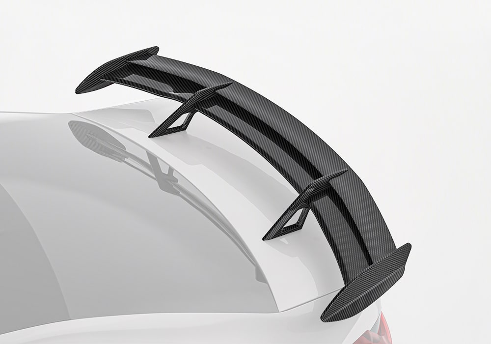 A complete rear view highlighting the streamlined integration of the Carbon Fiber Rear Spoiler, accentuating the M4's bold aesthetics