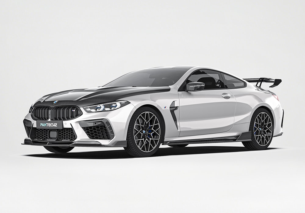 A full view of a BMW M8 F92, showcasing the cohesive integration of the Carbon Fiber Aerodynamic Body Kit, with elegance and sportiness across all components