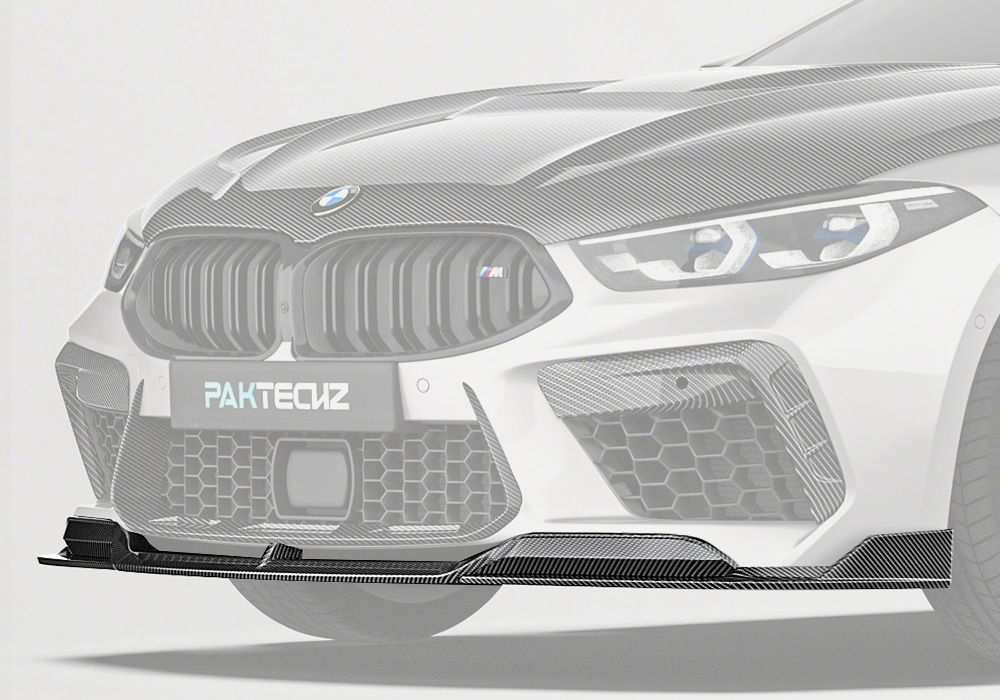 A complete front-view shot emphasizing the seamless integration of the Carbon Fiber Front Lip with the BMW M8’s dynamic body lines