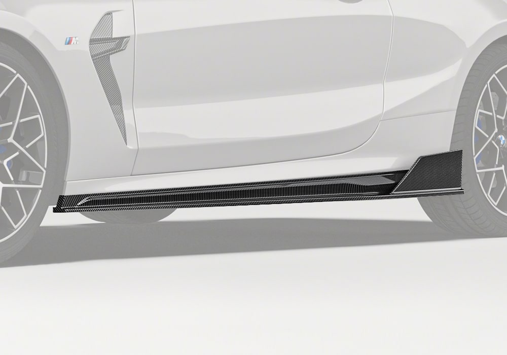 A full side view of the BMW M8 F93, showcasing the elegant appearance of the installed Carbon Fiber Side Skirts enhancing the car’s stance