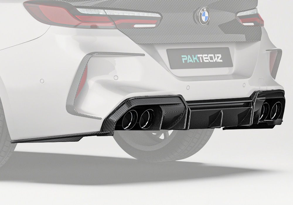 A full view of the BMW M8 F93 rear bumper, displaying the Carbon Fiber Rear Diffuser, highlighting its aggressive and sleek design