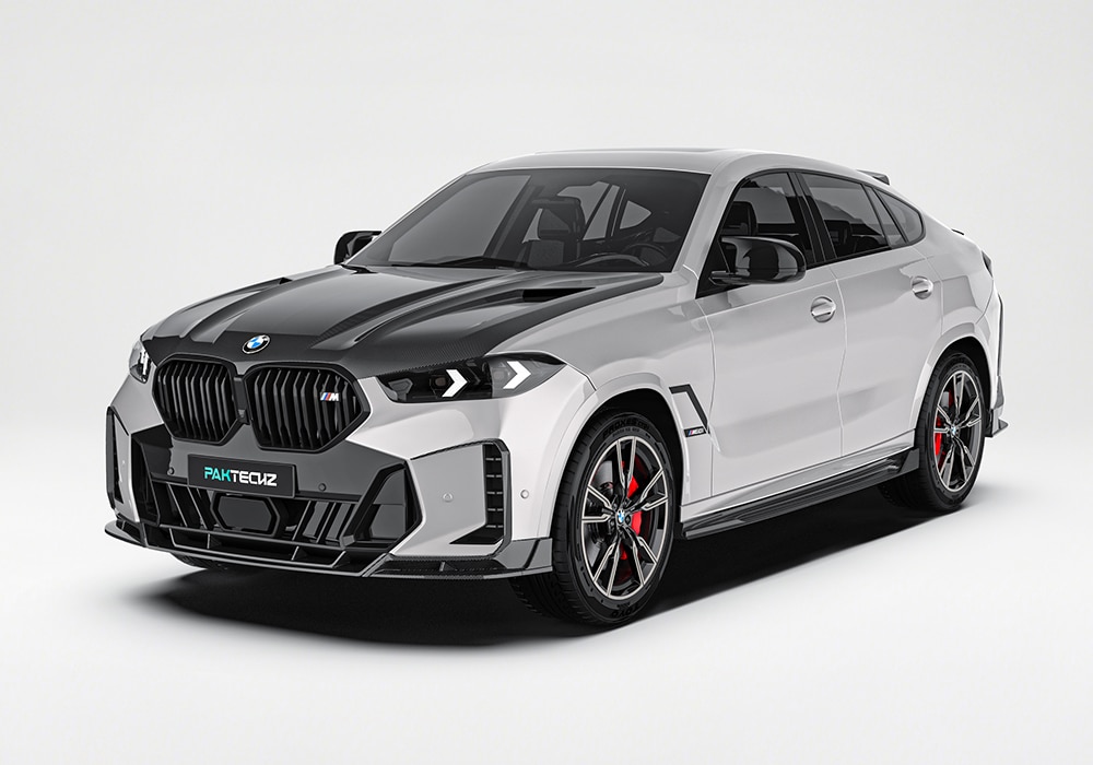 A full profile of the BMW X6 G06, showcasing the body kit in detail: front splitter, side skirts, rear diffuser, and accent trims seamlessly integrated for a sleek appearance