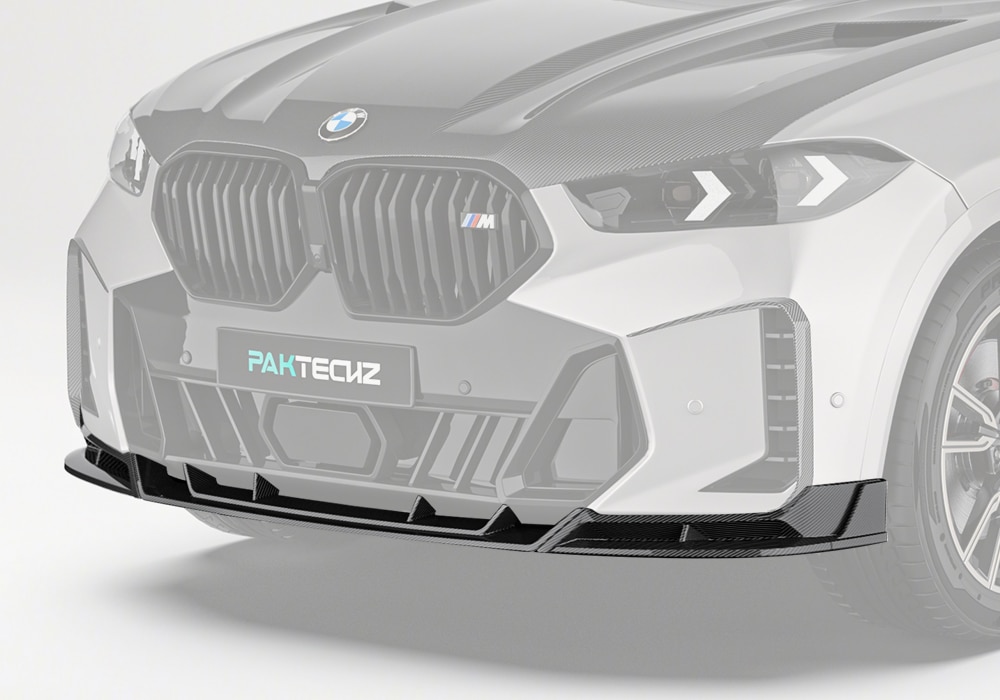 A premium front view of the BMW X6 G06 showcasing the aggressive design of the Carbon Fiber Front Lip seamlessly integrated into the vehicle's structure