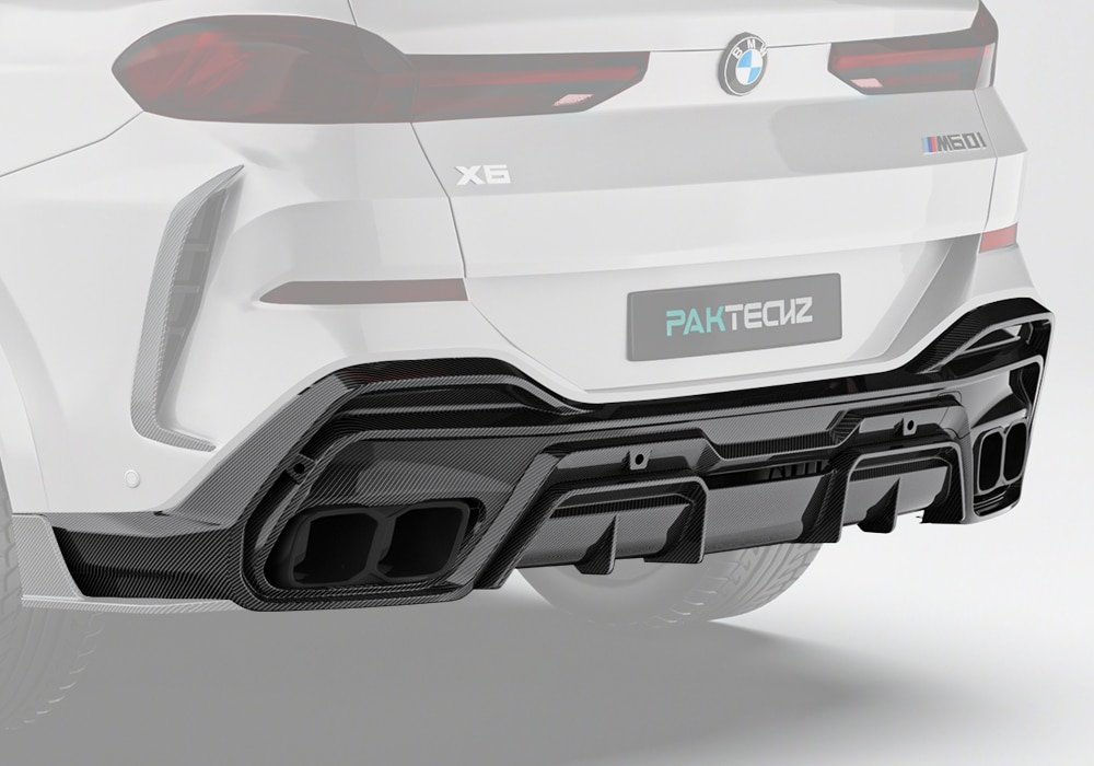 A full rear-view image showcasing how the Carbon Fiber Rear Diffuser integrates perfectly with the BMW X6 G06, delivering next-level aggressive aesthetics and aerodynamic performance