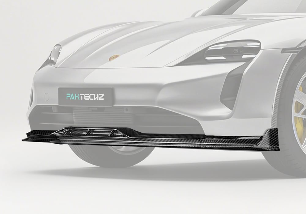 Front angle view of Porsche Taycan Turbo with Carbon Fiber Front Lip for bold and sleek styling