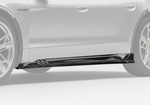 Side view of a Porsche Taycan 4S fitted with Carbon Fiber Side Skirts, showcasing sleek styling