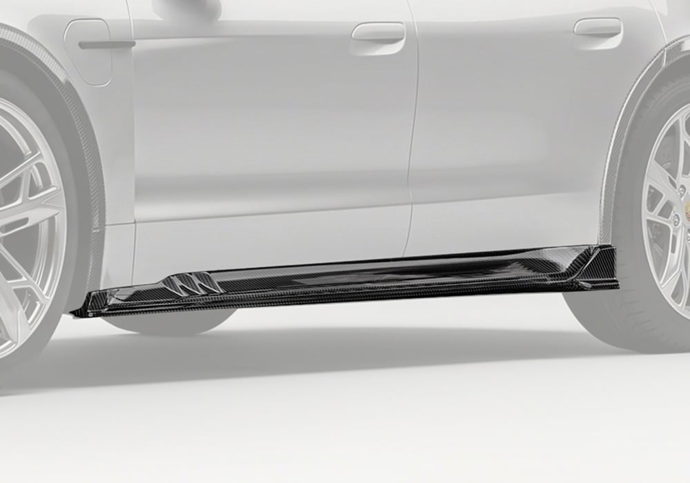 Side view of a Porsche Taycan 4S fitted with Carbon Fiber Side Skirts, showcasing sleek styling