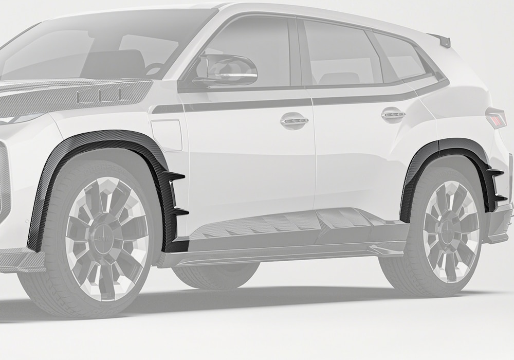 A clear side view displaying the Carbon Fiber Wheel Arches seamlessly integrated into the BMW XM G09, showcasing improved styling