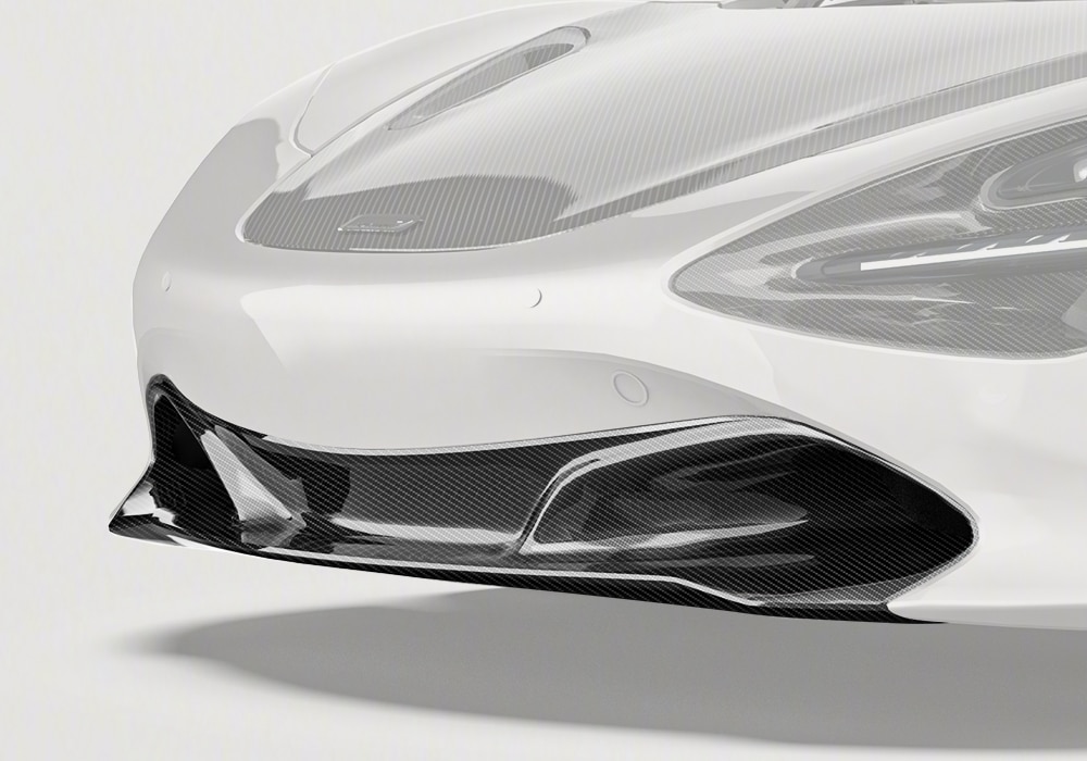 Front view of McLaren 720S featuring the Carbon Fiber Front Lip, emphasizing aggressive styling and functionality