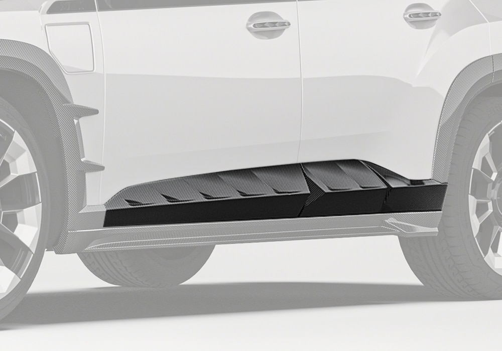 A wide-angle side view showing the Carbon Fiber Lower Door Moldings seamlessly integrated along the lower body of the BMW XM G09, enhancing its side profile