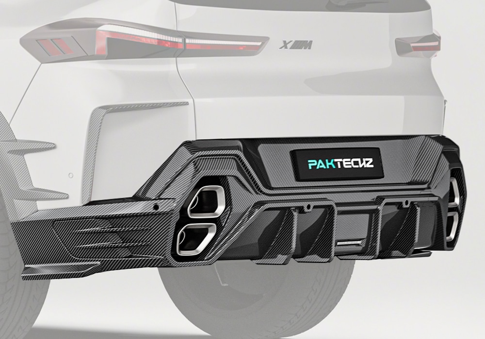 A complete rear-end view showcasing the Carbon Fiber Rear Diffuser seamlessly installed on the BMW XM G09, highlighting its aerodynamic lines