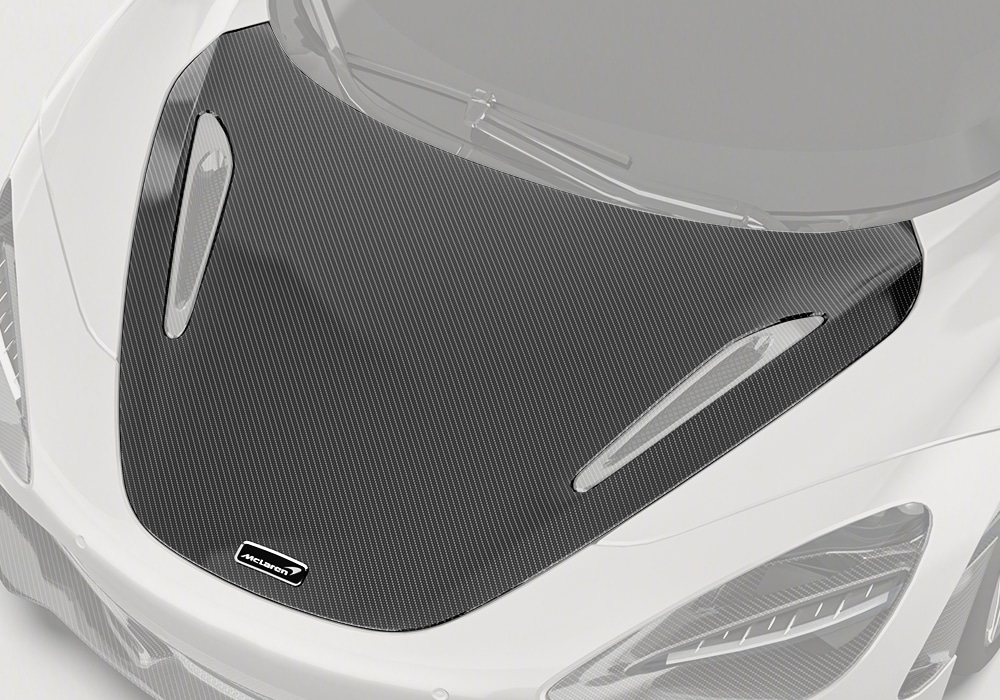 Front view of McLaren 720S featuring a sleek Carbon Fiber Hood, showcasing bold styling upgrades