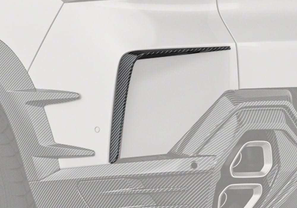 A complete rear-end view of the BMW XM G09, showcasing the seamless integration of the bold Carbon Fiber Rear Canards for added style and aerodynamic precision.