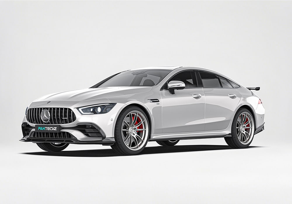A front-to-rear perspective of the Benz AMG GT43/GT50/GT53, showcasing the integrated components of the aerodynamics kit, including the spoiler, side skirts, and diffuser