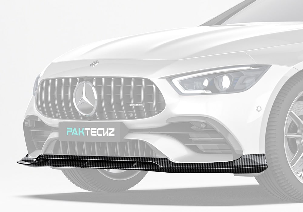 A complete front view showcasing the Carbon Fiber Front Lip seamlessly integrated with the AMG GT’s aggressive bumper design