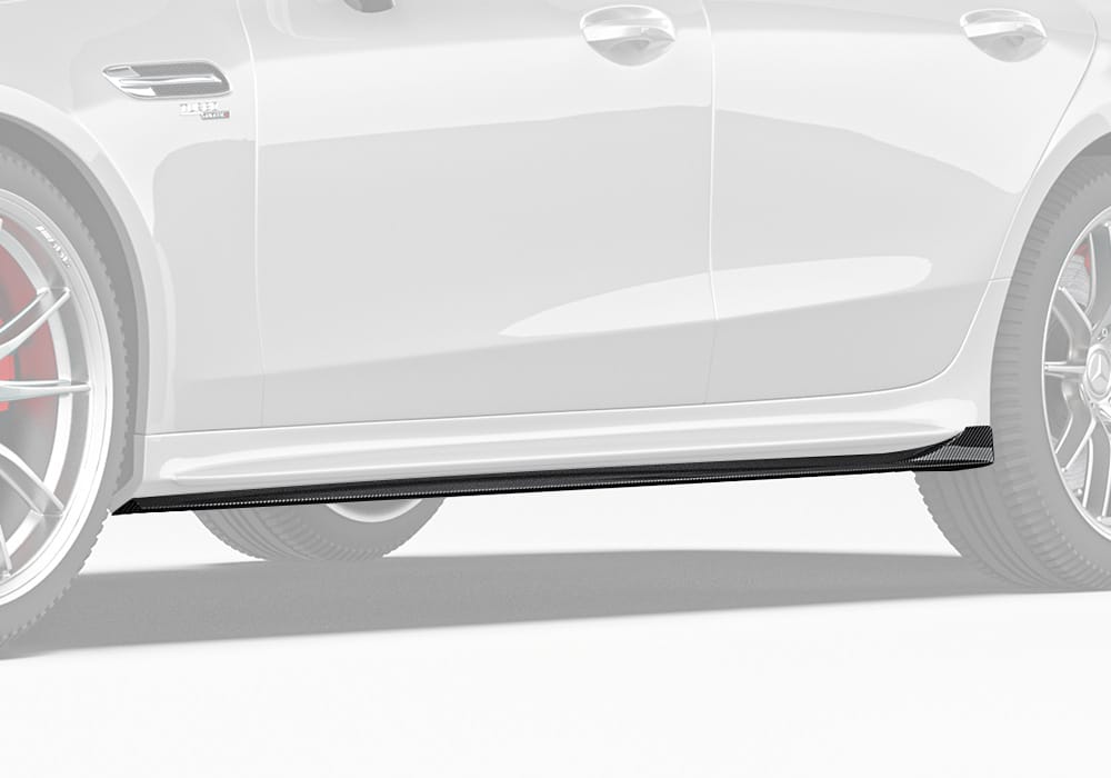 A complete side profile image of the Benz AMG GT43, showing the seamless integration of the Carbon Fiber Side Skirts along the car’s lower body for enhanced visual aesthetics