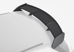 A detailed shot highlighting the 2x2 twill carbon fiber weave, complimented by a durable UV-resistant high-gloss finish for long-term brilliance