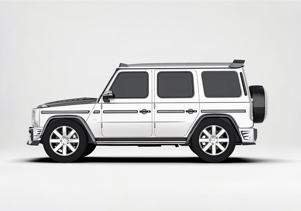 A frontal view of the G-Class W464 with the Carbon Fiber Front Splitter, emphasizing precision-crafted edges that enhance aerodynamics and aggressive styling