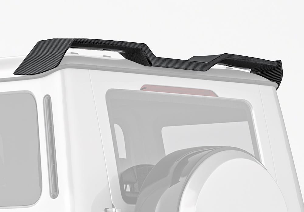 A detailed close-up showing the high-quality aerospace-grade 2x2 twill carbon fiber weave of the G-Class W464 Rear Roof Spoiler