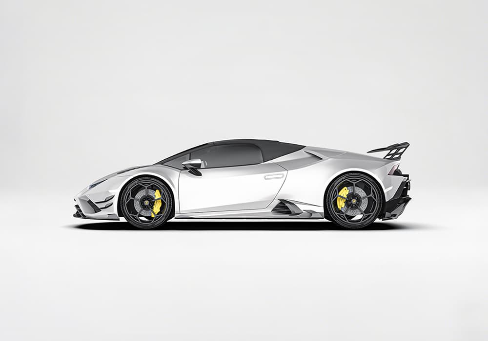 Full side view showing the sculpted carbon fiber side skirts, improving air movement while accentuating the sporty profile