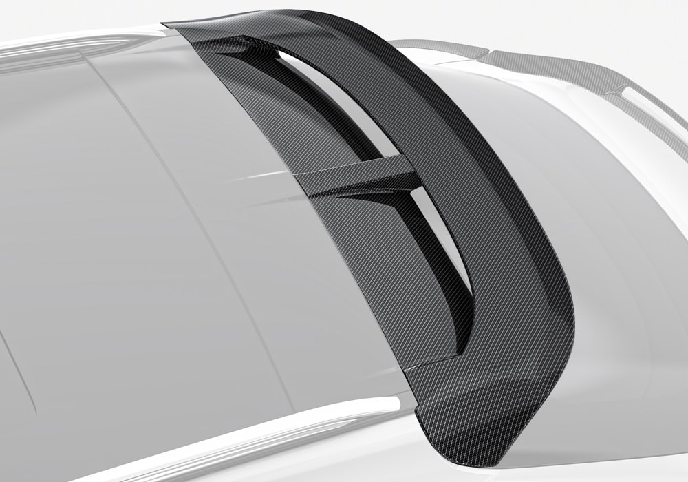 Close-up of the Aston Martin DBX Carbon Fiber Roof Spoiler showing its glossy, intricate weave texture
