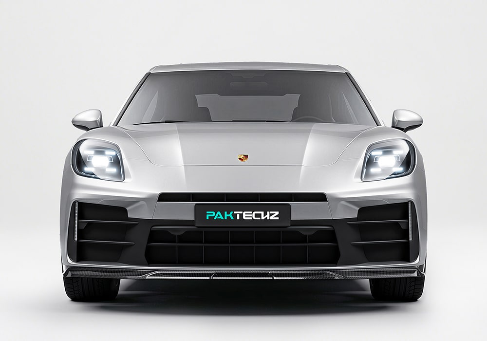 Close-up of the Porsche Panamera front splitter made of carbon fiber, showcasing precise craftsmanship