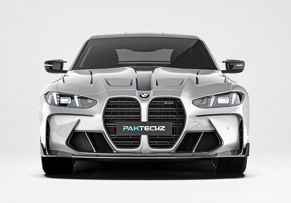 A detailed view of the carbon fiber front splitter, highlighting its enhanced aerodynamic design and aggressive aesthetic