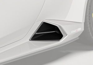 Close-up of Lamborghini Huracan EVO Carbon Fiber Side Skirt Vent Trim with refined carbon weave texture