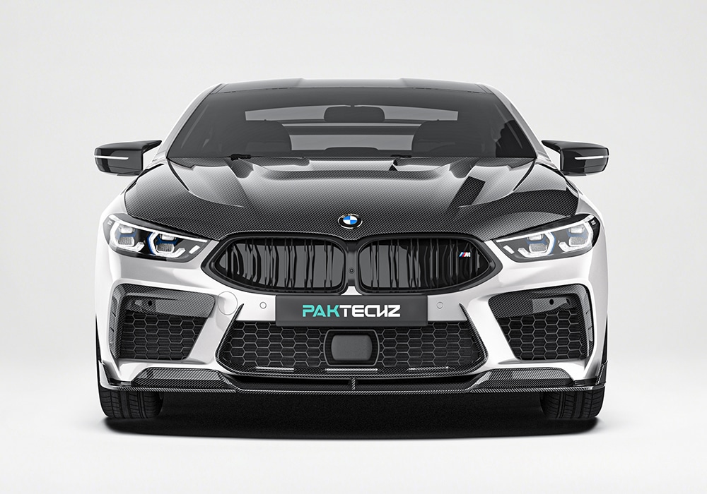 A detailed view of the carbon fiber front splitter, highlighting its bold design and aerodynamic functionality to maximize downforce and reduce lift
